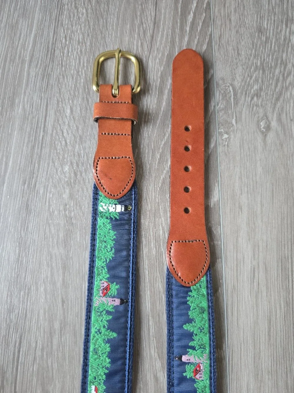 Leather Man Ltd Lighthouse Ribbon Belt Navy Canvas Brass Buckle USA Size 32